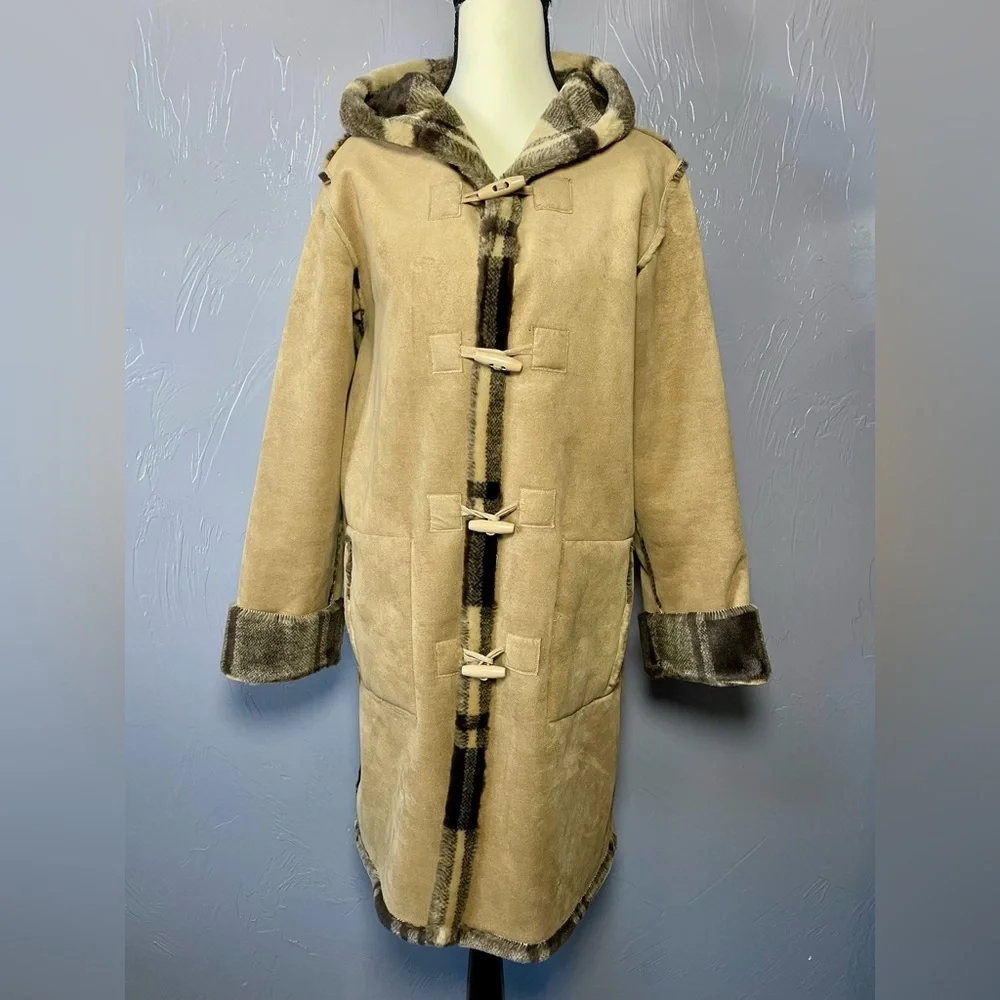 Vintage Y2K 90s Faux Suede Tan & Plaid Reversible Hooded Toggle Coat Jacket - Picture 3 of 13
